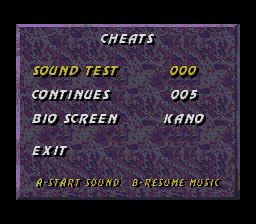 Меню Cheats UMK3/MK3