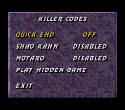 Меню Killer Codes UMK3